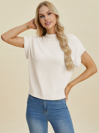 Double Take Full Size Mock Neck Short Sleeve Sweater