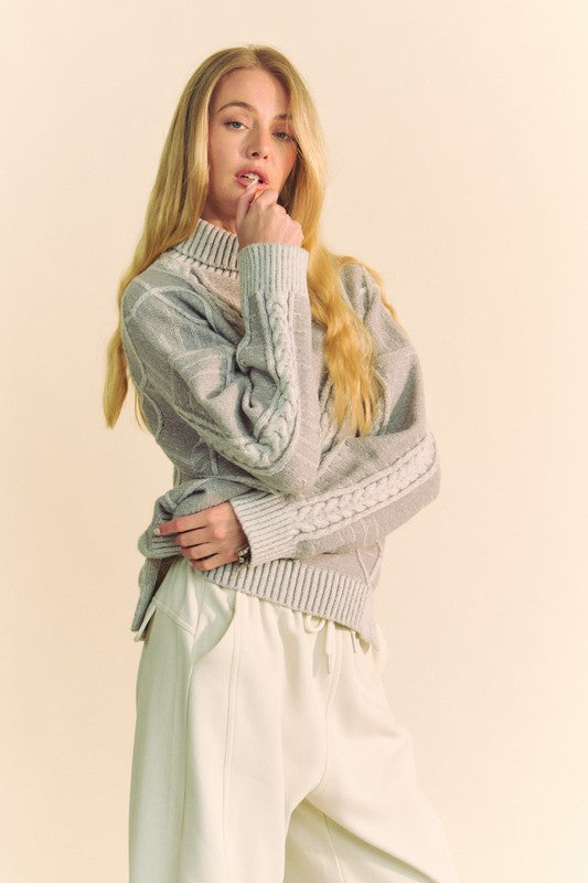 Davi & Dani Cable-Knit Turtleneck Dropped Shoulder Sweater