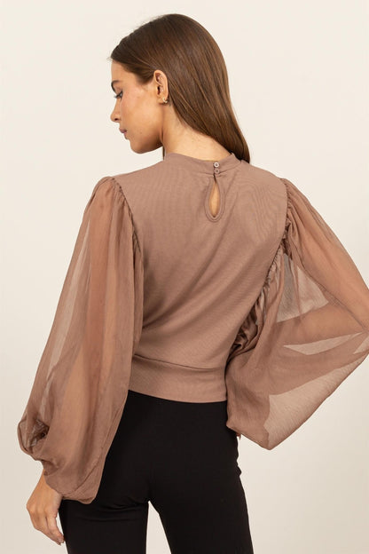 HYFVE Ruched Sheer Long Sleeve Mock Neck Blouse