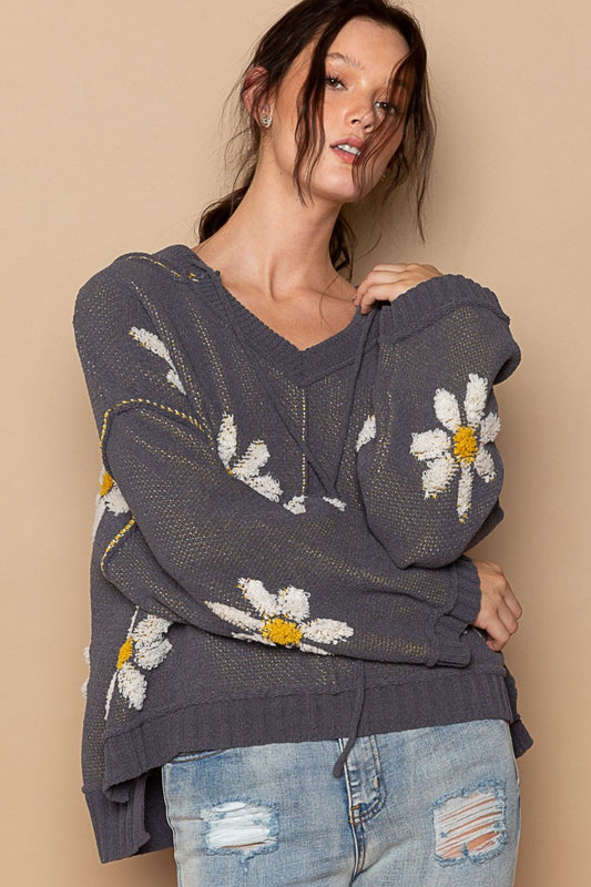 POL Floral Pattern Hooded High-Low Sweater