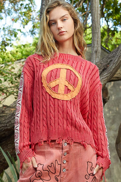 POL Washed Peace Patch Cable Knit Sweater