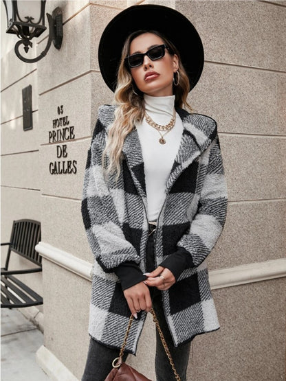 Plaid Long Sleeve Hooded Coat