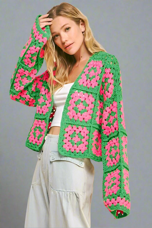 Davi & Dani Full Size Two Tone Flower Square Crochet Open Front Cardigan