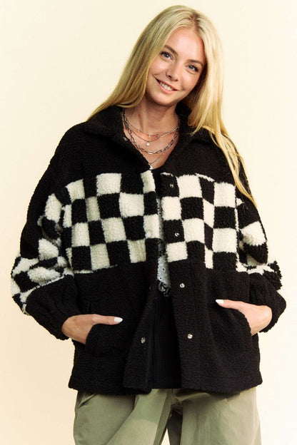 Davi & Dani Full Size Checkered Snap Down Faux Fur Jacket